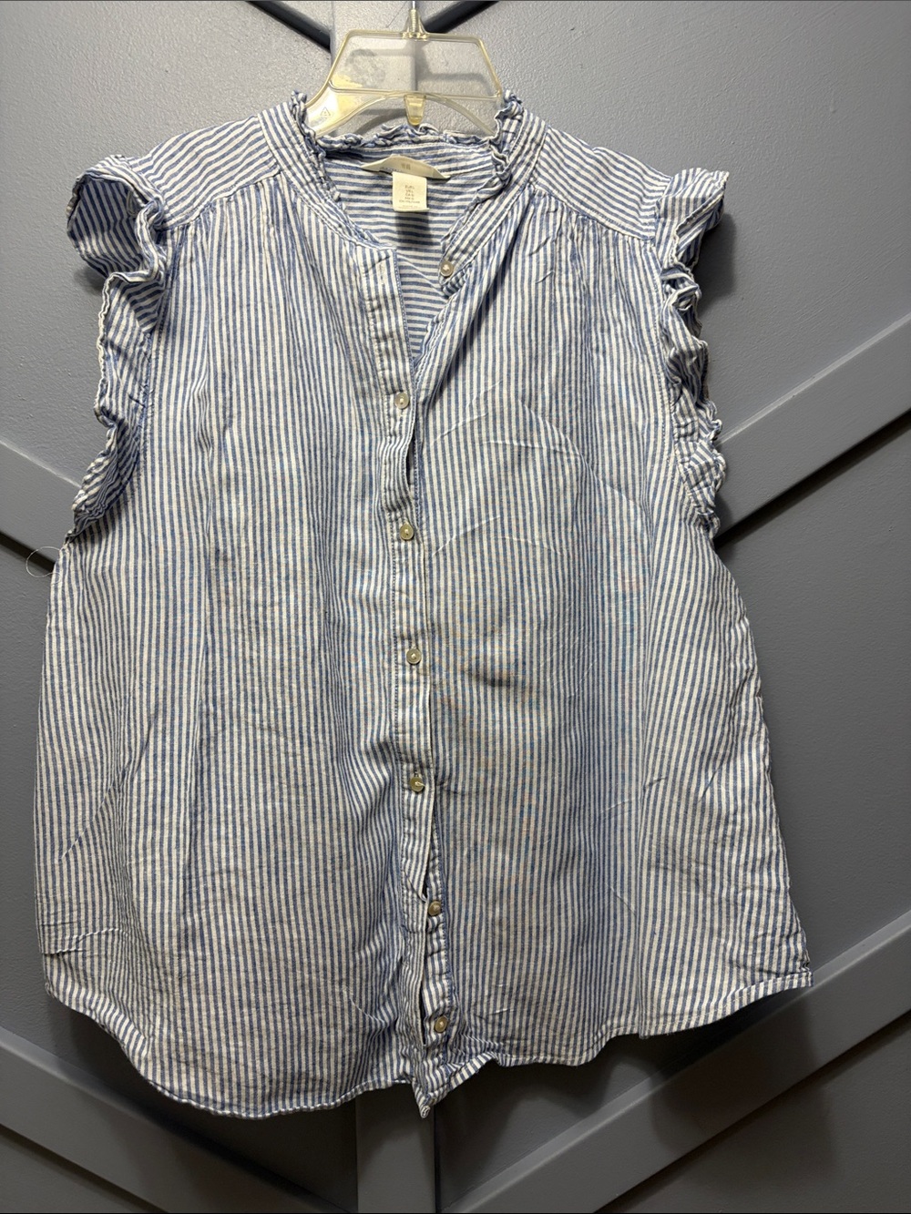 H&M Blue and White Striped Ruffle-Sleeve Button-Front Top